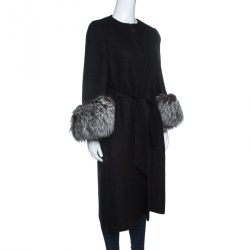 Pre Owned Valentino Black Wool Blend Fox Fur Trim Belted Overcoat M