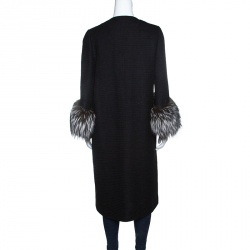 Pre Owned Valentino Black Wool Blend Fox Fur Trim Belted Overcoat M