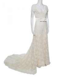 Pre Owned Valentino Sposa Cream Floral Beaded Lace Hesperides Sheath Wedding Gown M