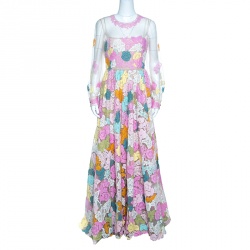 Pre Owned Valentino Multicolor Floral Lace Applique Long Sleeve Organza Gown M