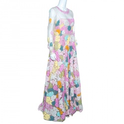 Pre Owned Valentino Multicolor Floral Lace Applique Long Sleeve Organza Gown M