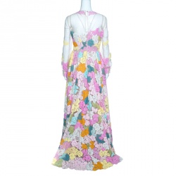 Pre Owned Valentino Multicolor Floral Lace Applique Long Sleeve Organza Gown M