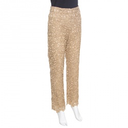 Pre Owned Valentino Gold Embroidered Floral Lace Pants S 