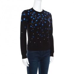 Pre Owned Valentino Black Wool Jacquard Floral Embroidered Sweater S