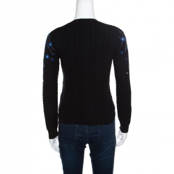 Pre Owned Valentino Black Wool Jacquard Floral Embroidered Sweater S