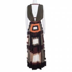 Pre Owned Valentino Colorblock Silk and Lace Paneled Leather Trim Plunge Neck Maxi Dress S