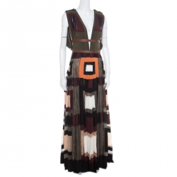 Pre Owned Valentino Colorblock Silk and Lace Paneled Leather Trim Plunge Neck Maxi Dress S