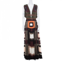 Pre Owned Valentino Colorblock Silk and Lace Paneled Leather Trim Plunge Neck Maxi Dress S