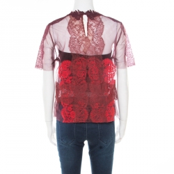 Pre Owned Valentino Red Gradient Lace Appliqued Tulle Top M