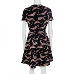 Pre Owned Valentino Black and Pink Bird Print Jacquard Knit Fit and Flare Dress M