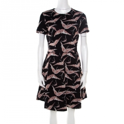 Pre Owned Valentino Black and Pink Bird Print Jacquard Knit Fit and Flare Dress M