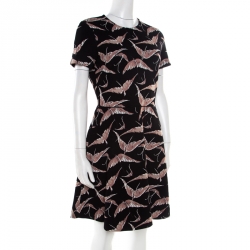 Pre Owned Valentino Black and Pink Bird Print Jacquard Knit Fit and Flare Dress M