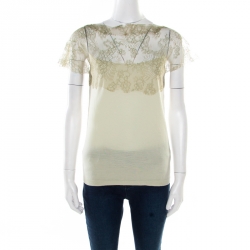 Pre Owned Valentino Mint Green Knit Floral Lace Overlay Boat Neck Top M