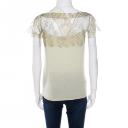 Pre Owned Valentino Mint Green Knit Floral Lace Overlay Boat Neck Top M