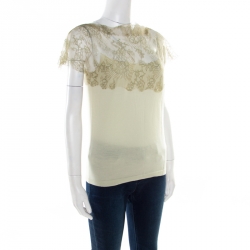 Pre Owned Valentino Mint Green Knit Floral Lace Overlay Boat Neck Top M