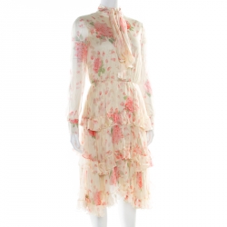 Pre Owned Valentino Pale Yellow Rose Printed Silk Tie Up Detail Tiered Dress S