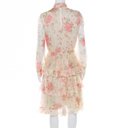 Pre Owned Valentino Pale Yellow Rose Printed Silk Tie Up Detail Tiered Dress S