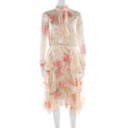 Pre Owned Valentino Pale Yellow Rose Printed Silk Tie Up Detail Tiered Dress S