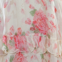 Pre Owned Valentino Pale Yellow Rose Printed Silk Tie Up Detail Tiered Dress S