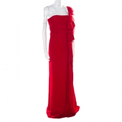 Pre Owned Valentino Red Ruffle Detail One Shoulder Gown M