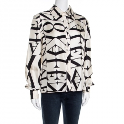 Pre Owned Valentino Cream Monogram Print Long Sleeve Button Front Silk Shirt XL