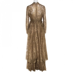 Pre Owned Valentino Metallic Gold Floral Lace Studded Leather Collar Detail Gown M