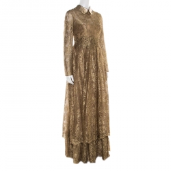 Pre Owned Valentino Metallic Gold Floral Lace Studded Leather Collar Detail Gown M