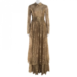Pre Owned Valentino Metallic Gold Floral Lace Studded Leather Collar Detail Gown M