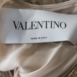 Pre Owned Valentino Metallic Gold Floral Lace Studded Leather Collar Detail Gown M