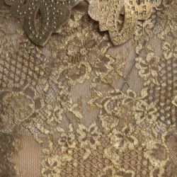 Pre Owned Valentino Metallic Gold Floral Lace Studded Leather Collar Detail Gown M