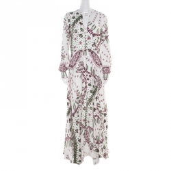 Pre Owned Valentino White Aztec Zandra Leopard Print Crepe Keyhole Neck Maxi Dress M