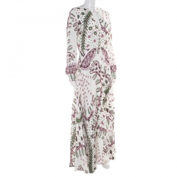 Pre Owned Valentino White Aztec Zandra Leopard Print Crepe Keyhole Neck Maxi Dress M