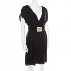 Pre Owned Valentino Black Silk Plunge Neck Buckle Detail Belted Dress M