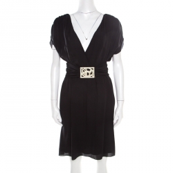 Pre Owned Valentino Black Silk Plunge Neck Buckle Detail Belted Dress M