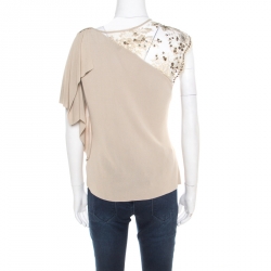 Pre Owned Valentino Beige Floral Lurex Lace Embellished Sleeve Detail Draped Top L
