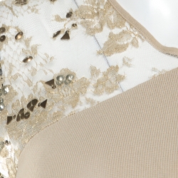 Pre Owned Valentino Beige Floral Lurex Lace Embellished Sleeve Detail Draped Top L