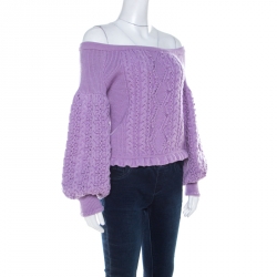 Pre Owned Valentino Lilac Cable Knit Wool Off Shoulder Sweater L