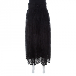 Pre Owned Valentino Black Sangallo Embroidered Cotton Lace Scalloped Maxi Skirt S