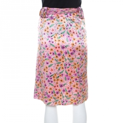 Pre Owned Valentino Purple Floral Print Silk Belted Skirt L