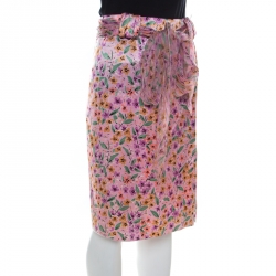 Pre Owned Valentino Purple Floral Print Silk Belted Skirt L