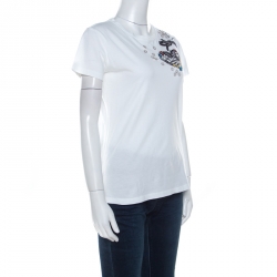Pre Owned Valentino White Cotton Jersey Knit Heart and Bird Embellished T-Shirt S