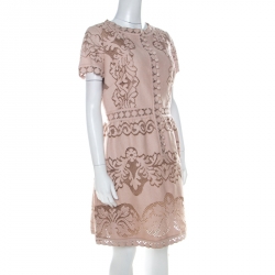 Pre Owned Valentino Beige Floral Cotton Lace Button Front Dress L