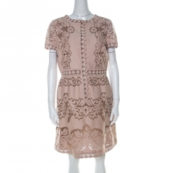Pre Owned Valentino Beige Floral Cotton Lace Button Front Dress L