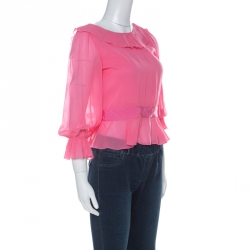 Pre Owned Valentino Red Pink Silk Waist Tie Detail Ruffle V-Neck Blouse S