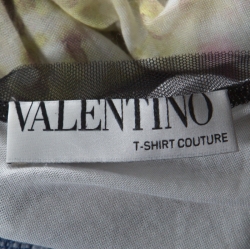Pre Owned Valentino T-Shirt Couture Multicolor Printed Knit Mesh Trim Detail T-Shirt L