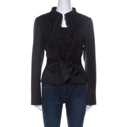 Pre Owned Valentino Black Wool Ruffle Front Detail Stand Collar Jacket XL 