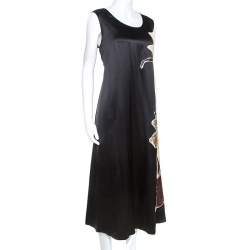Pre Owned Valentino Black Silk 'Kimono 1997' Floral Applique Dress L