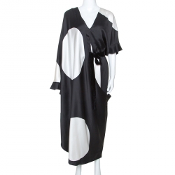 Pre Owned Valentino Monochrome Maxi Polka Dot Print Satin Asymmetric Dress L
