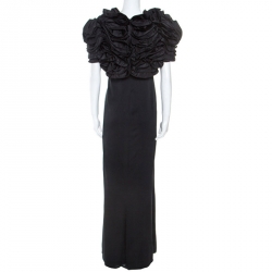 Pre Owned Valentino Black Silk Bow Detail Strapless Gown and Ruffled Bolero Set L