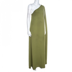 Pre Owned Valentino Green Silk Crepe Flared One Shoulder Dress M